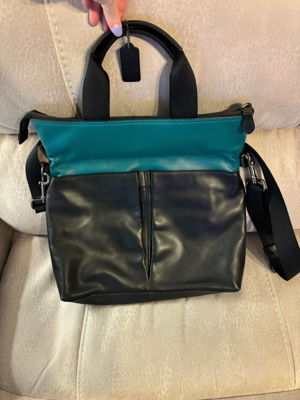 Coach Men's Black and Teal Leather Messenger Bag